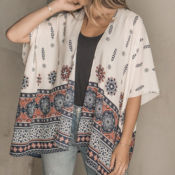Hippie Chic Sweaters - Ivory & Coral Arabesque Kimono